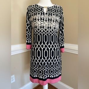 Haani Shift Dress, Geometric, Black Pink, Jersey Sheath, Medium, 3/4 Sleeve